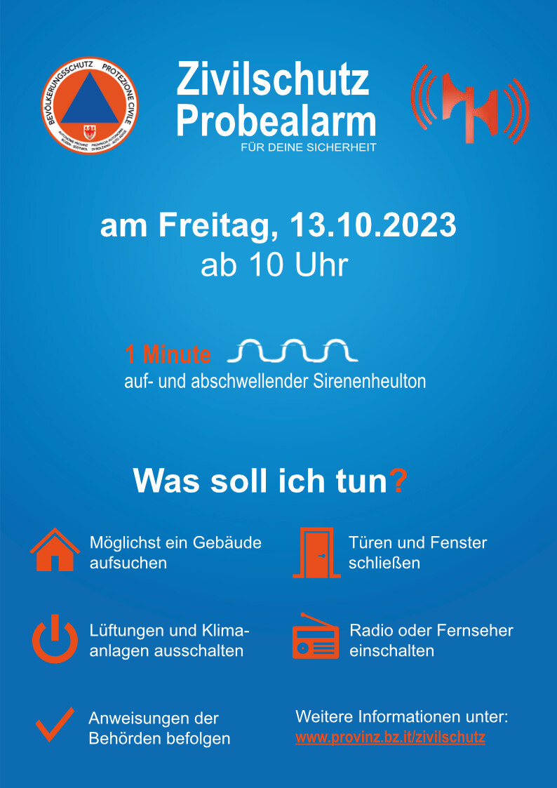 Landesweiter Zivilschutz-Probealarm und Test IT-alert am 13. Oktober 2023